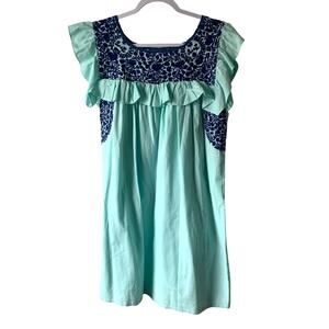 Mi Golondrina Soledad Mini Dress in Mint / Navy, size M